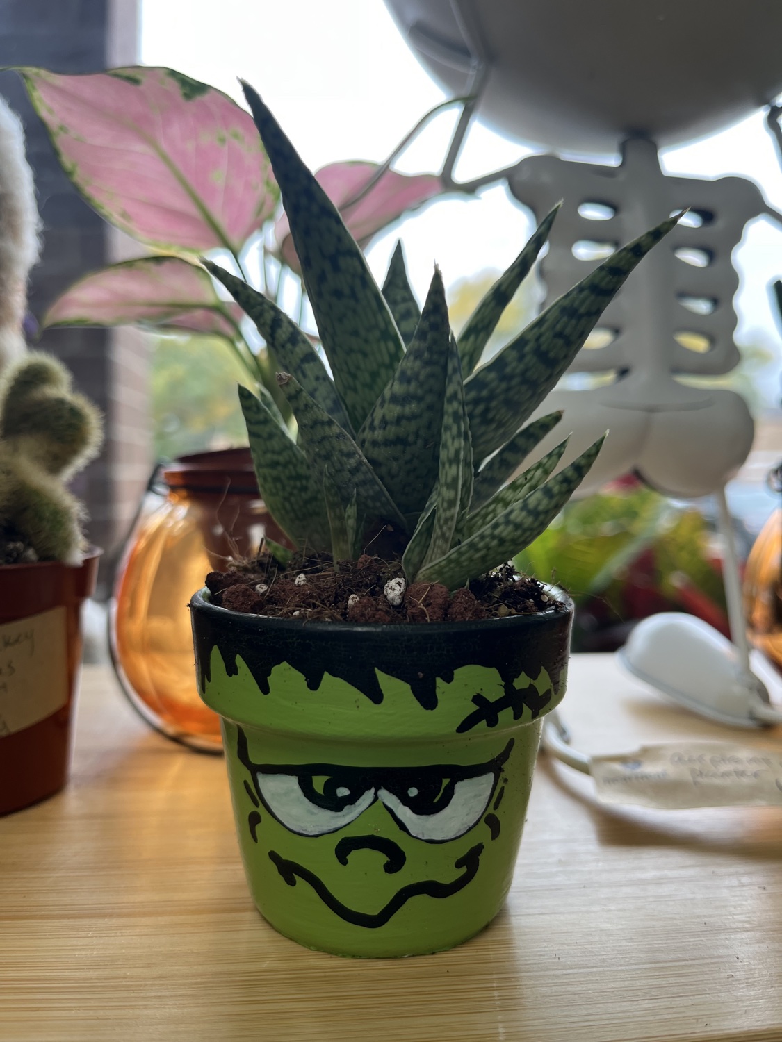 A hand-painted Frankenstein planter with a succulent